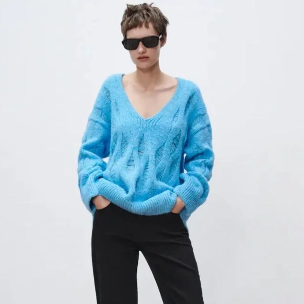 Zara Long Open Knit Sweater Wool Blend Ripped Blue